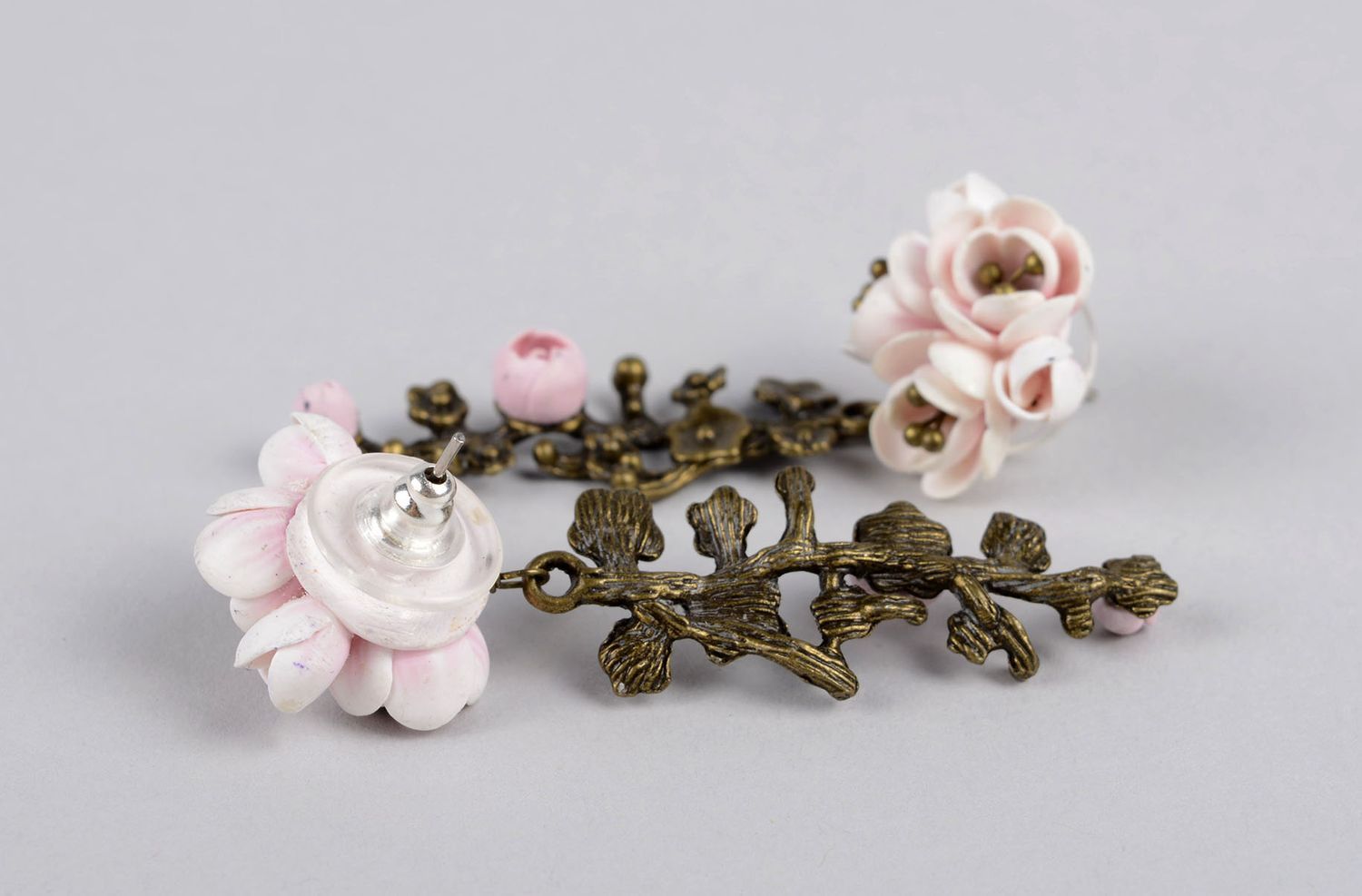 Handmade polymer clay earrings with charms delicate earrings with pink flowers photo 4