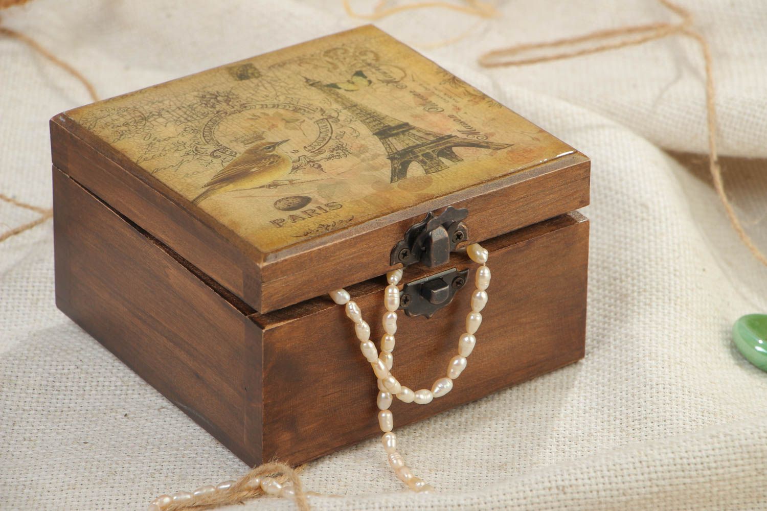 Handmade decorative square wooden jewelry box with print in retro style photo 1