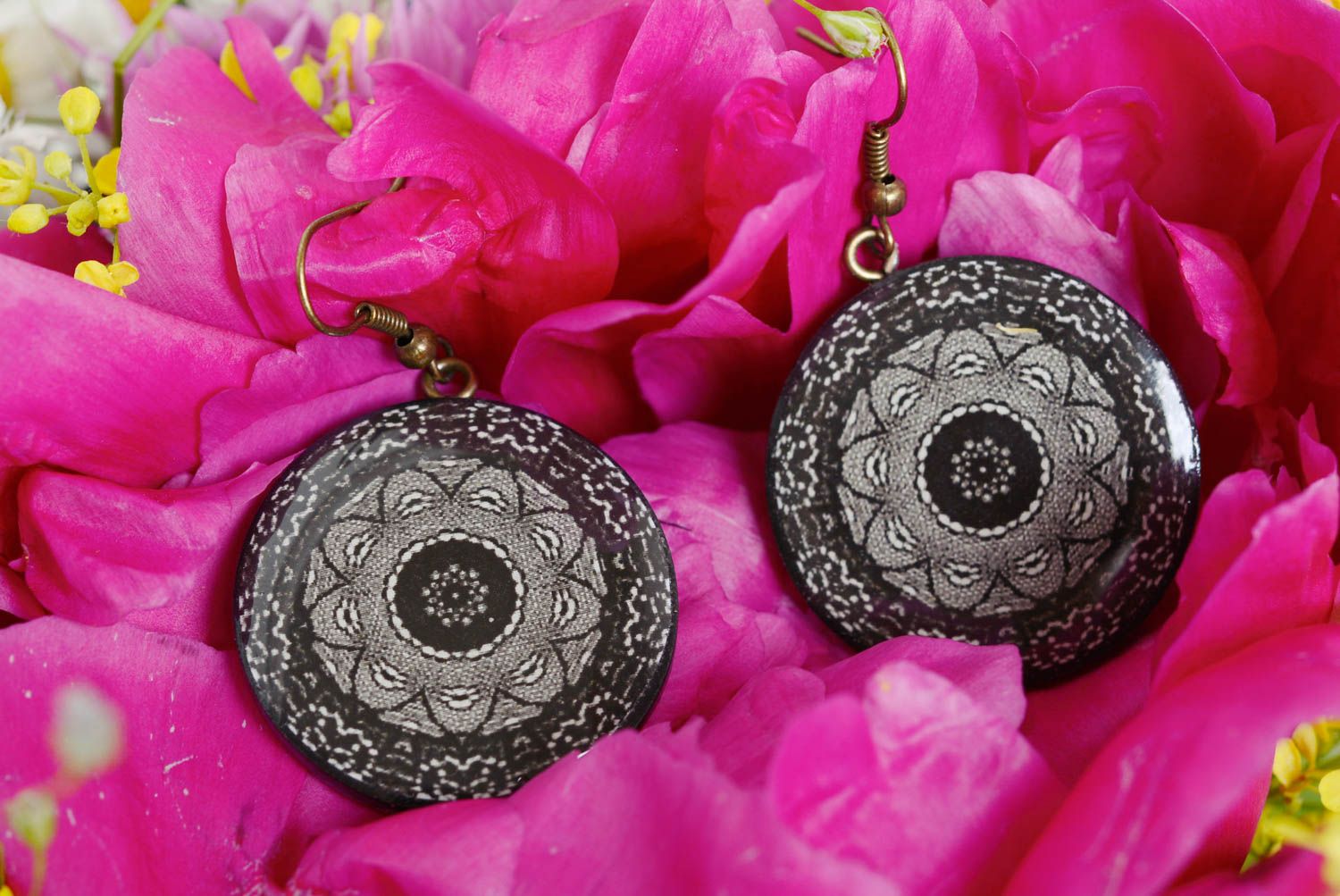 Polymer clay handmade earrings with decoupage technique with beautiful pattern photo 1