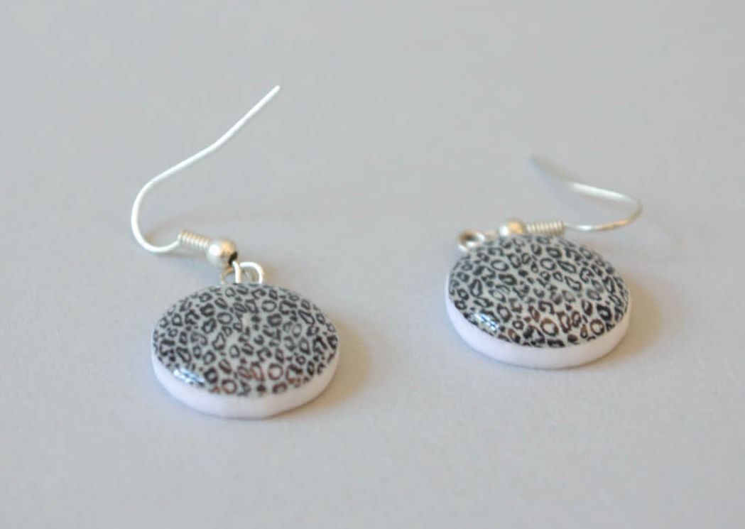 Polymer clay round earrings Snow Leopard photo 4