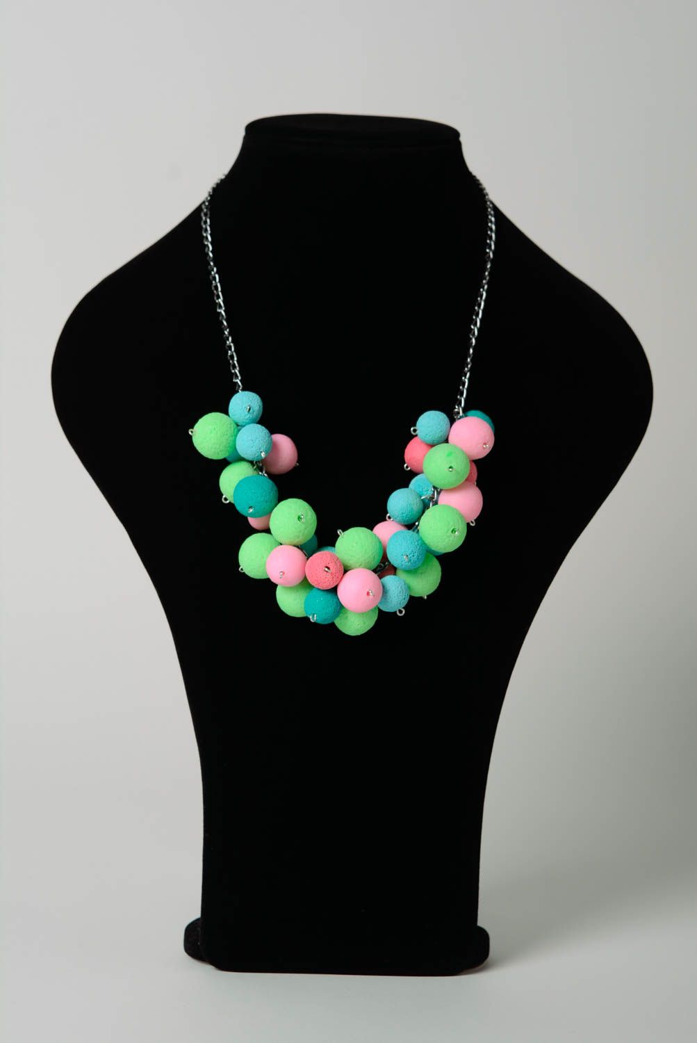 Handmade women's necklace with colorful polymer clay beads on metal chain photo 2