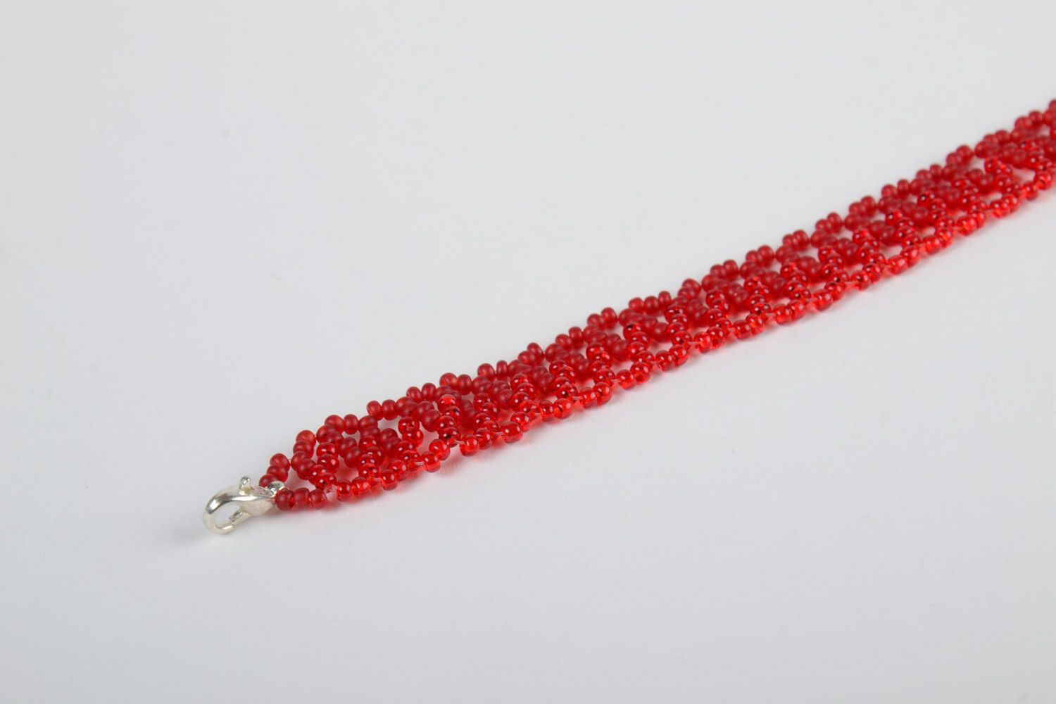 Handmade braided beaded openwork bracelet of red color present for girl photo 3