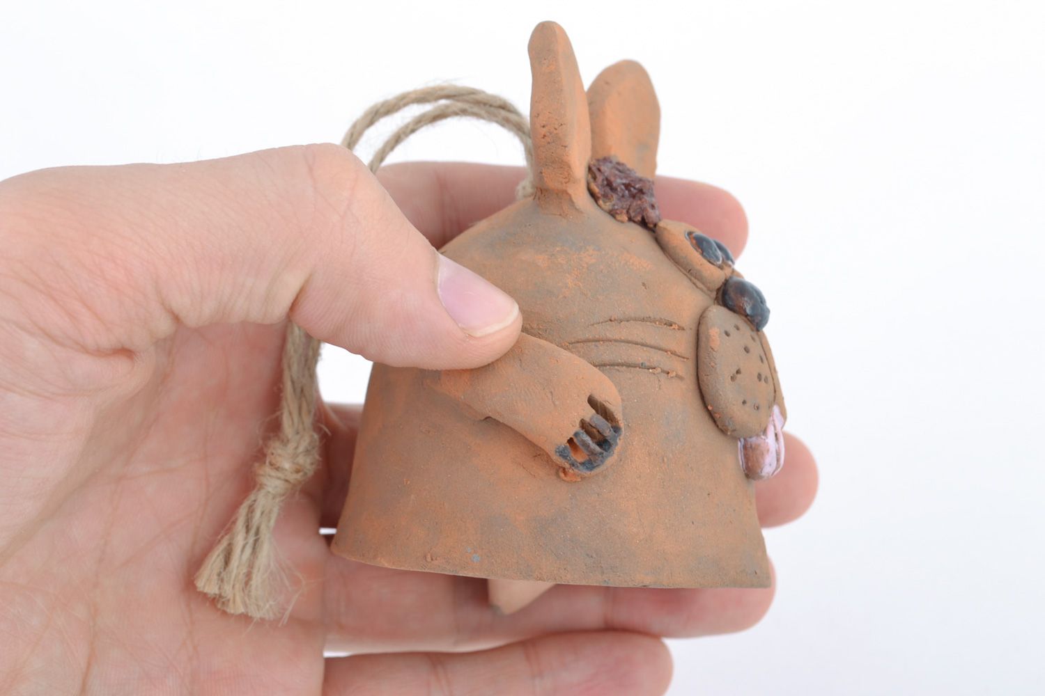 Handmade designer glazed ceramic hanging bell rabbit for interior decor photo 2