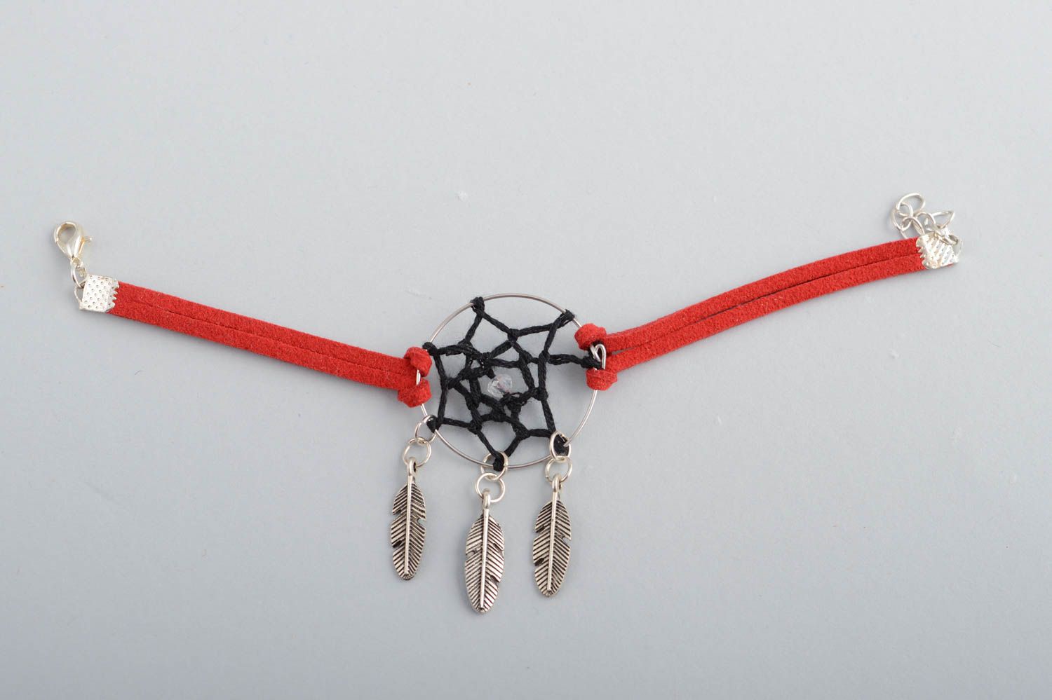 Handmade faux suede red cord woven wrist bracelet with dreamcatcher and charms photo 2