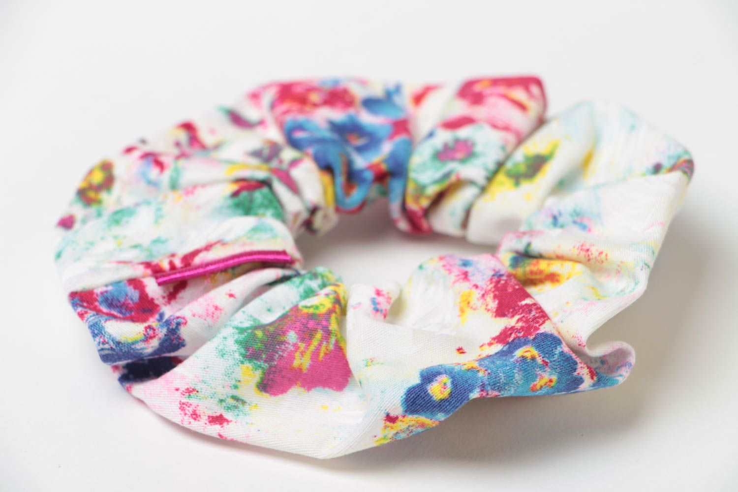 Decorative wide handmade volume elastic hair tie sewn of colorful fabric photo 3