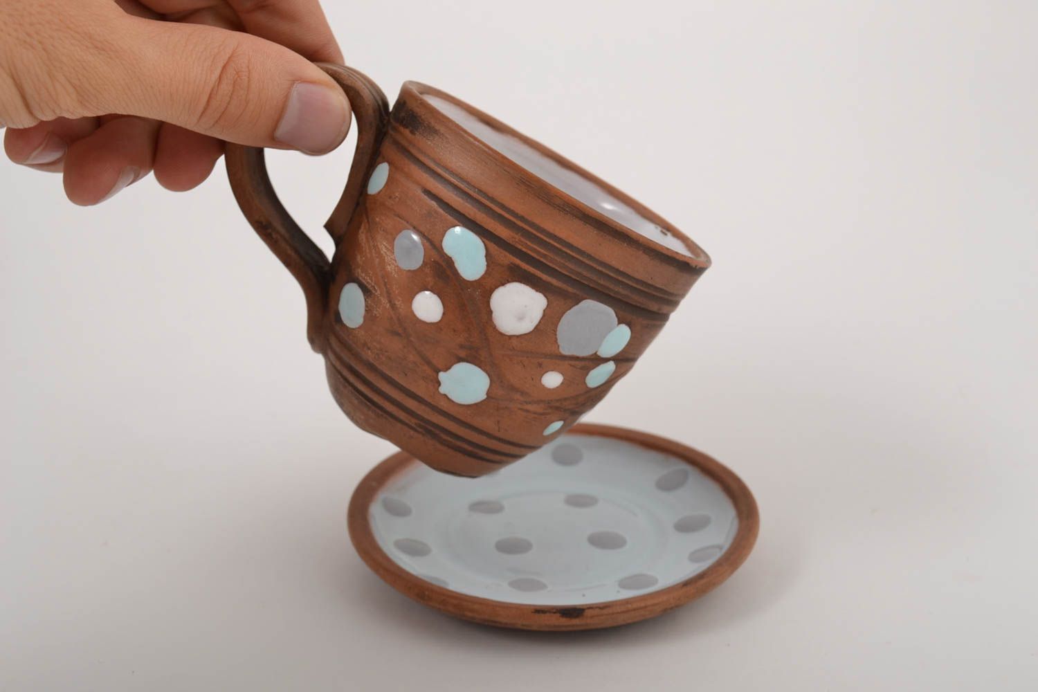 Rustic 3 oz clay cup for coffee and tea with handle and pattern 0,61 lb photo 7