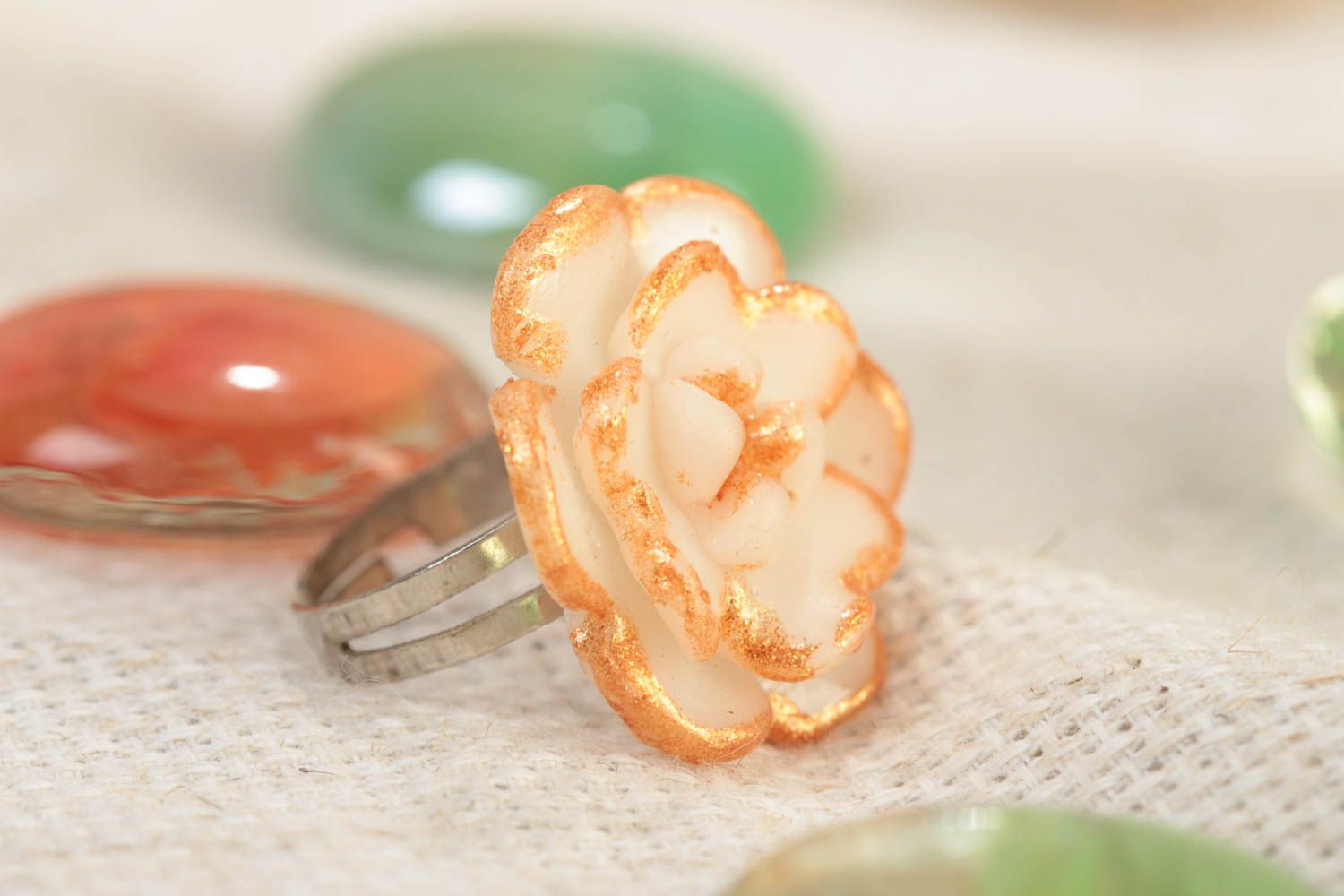 Handmade polymer clay jewelry ring with metal basis of adjustable size Flower photo 1