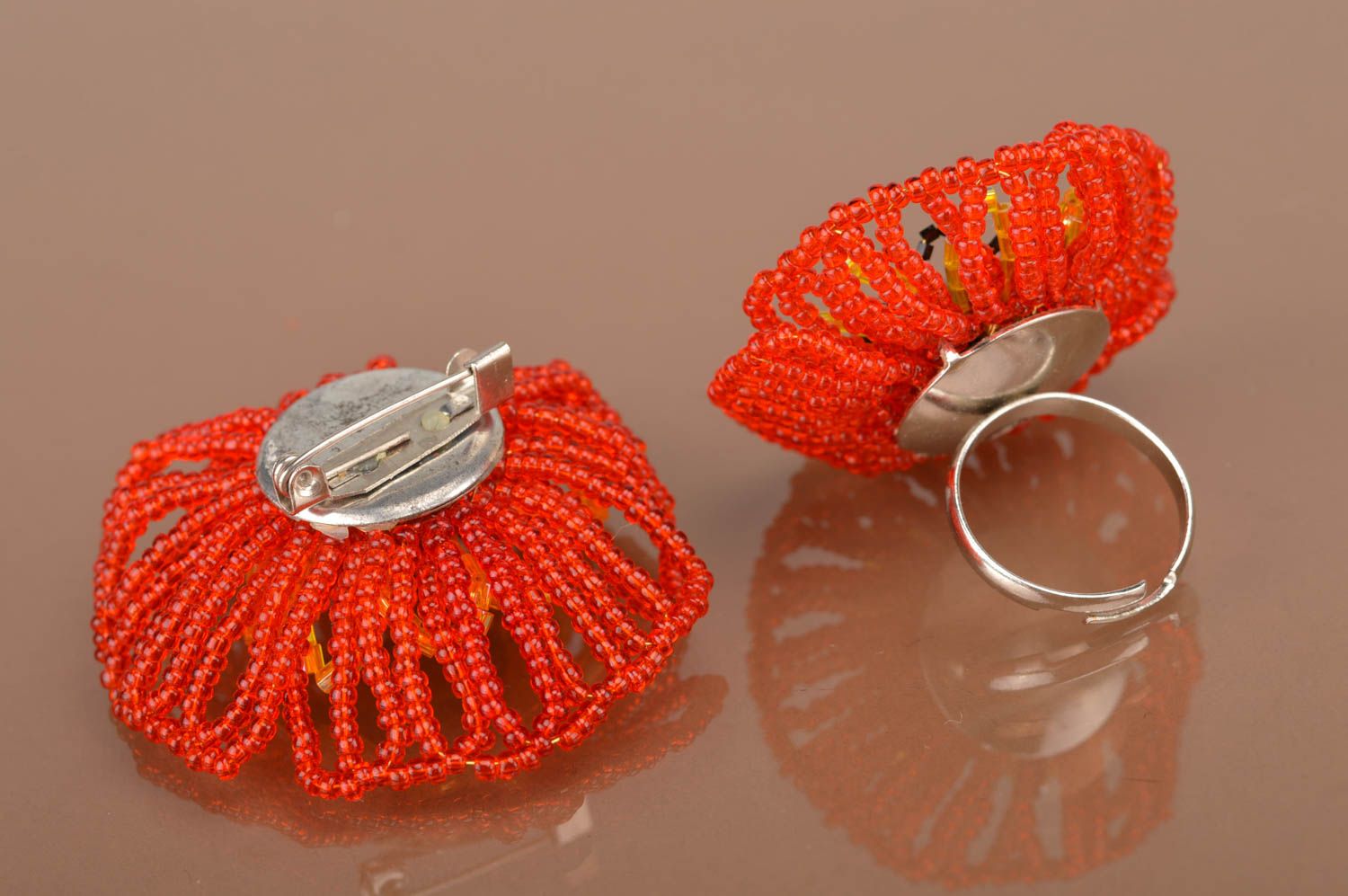 Beautiful handmade jewelry set beaded flower ring beaded flower brooch photo 4
