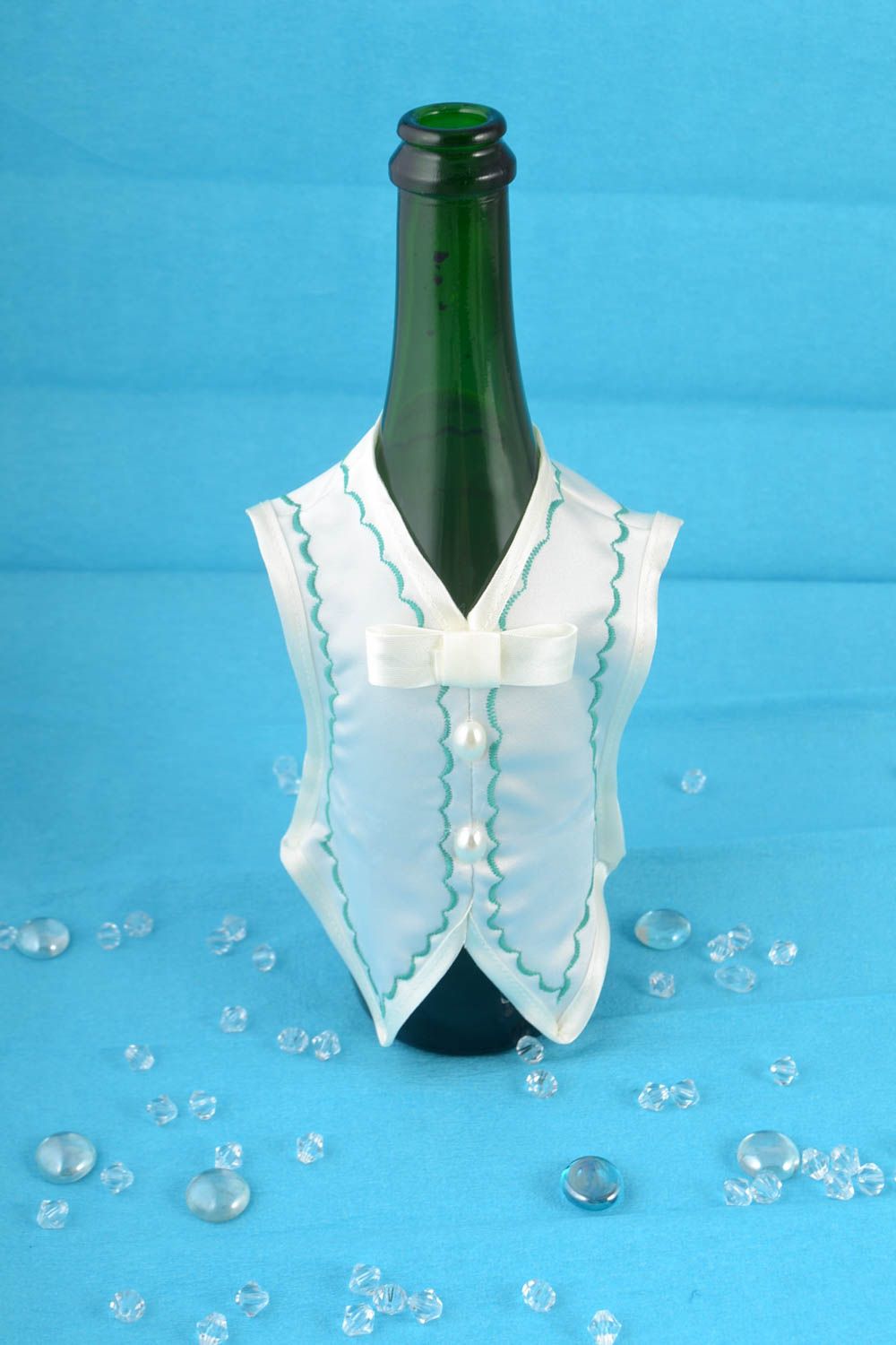 Handmade designer wedding champagne bottle cover white satin vest groom costume photo 1