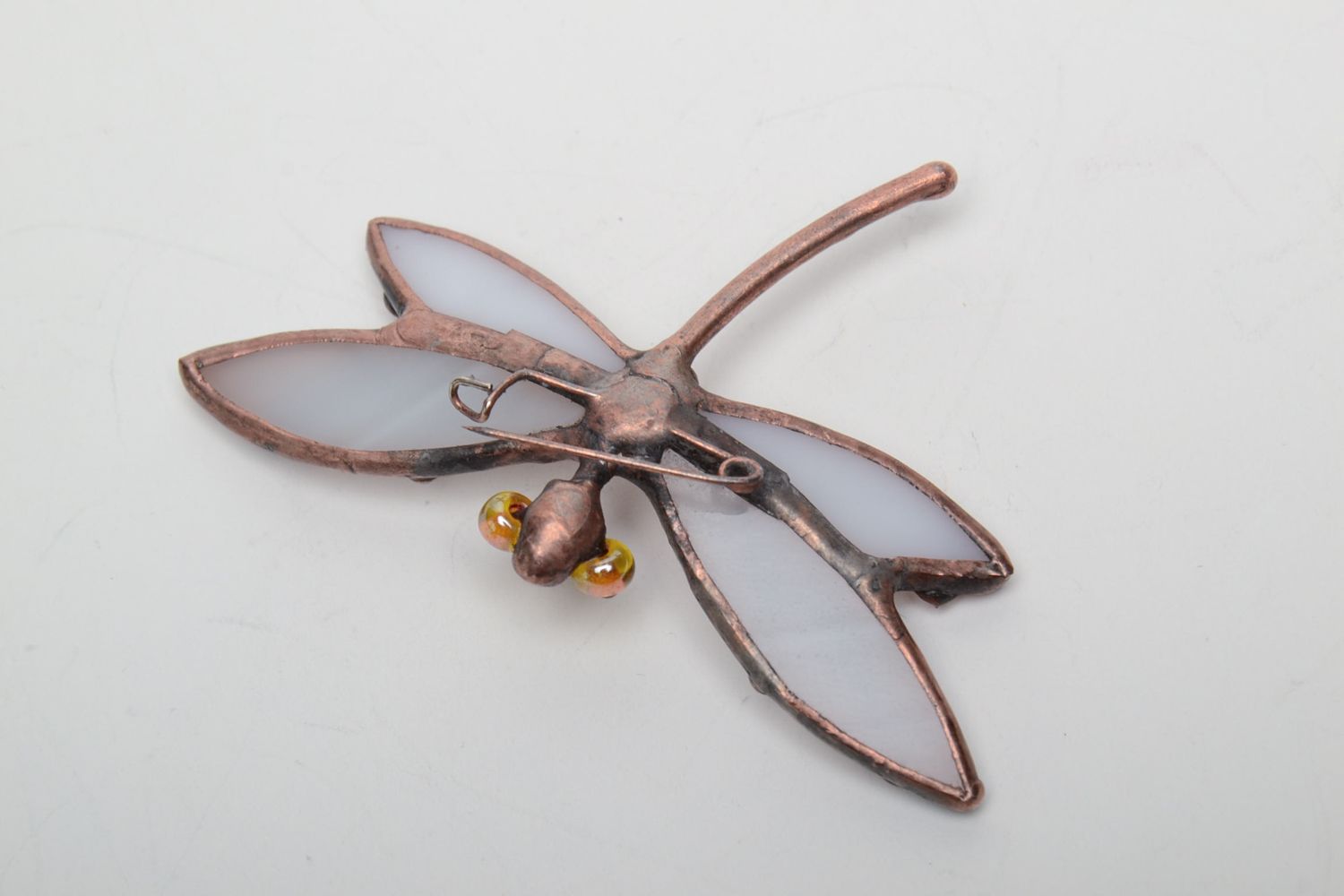 Stained glass brooch in the shape of white dragonfly photo 4