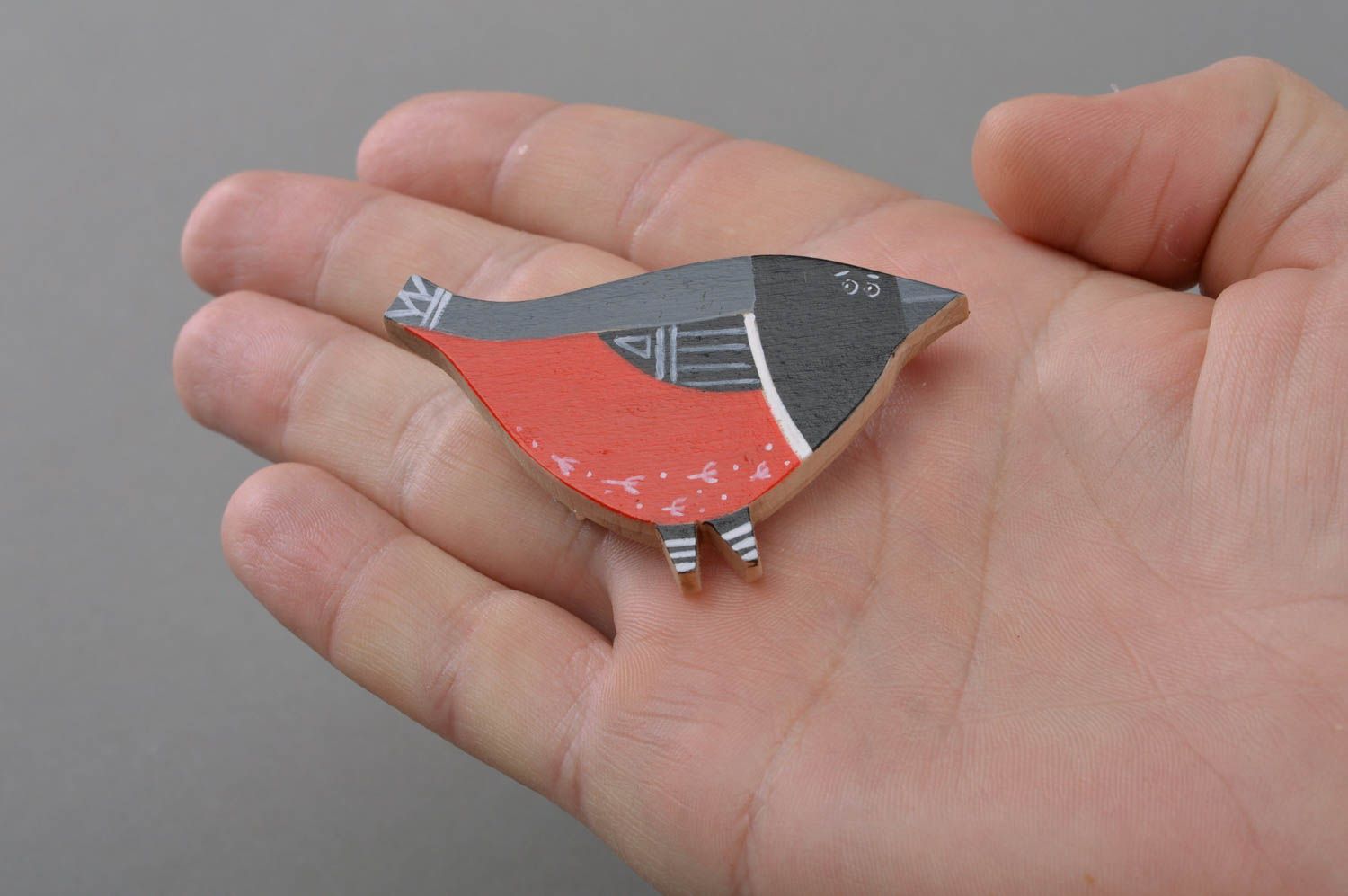 Handmade wooden brooch Bird with painting black with red designer jewelry photo 1