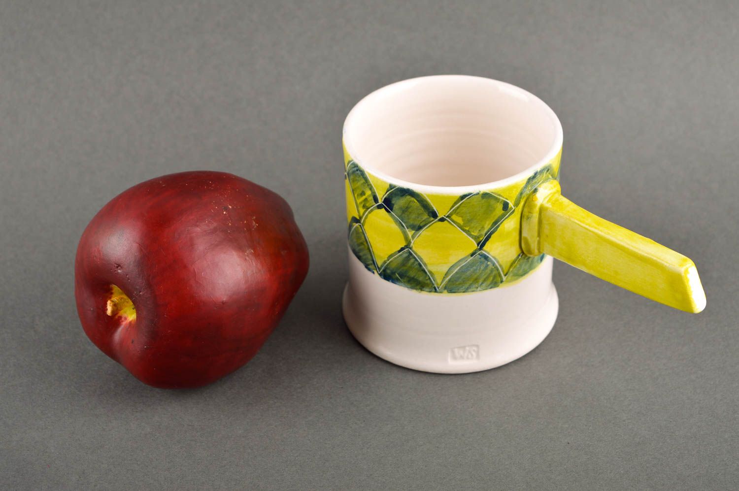 Art porcelain lime and yellow colors' handmade cup with stick shape handle photo 1