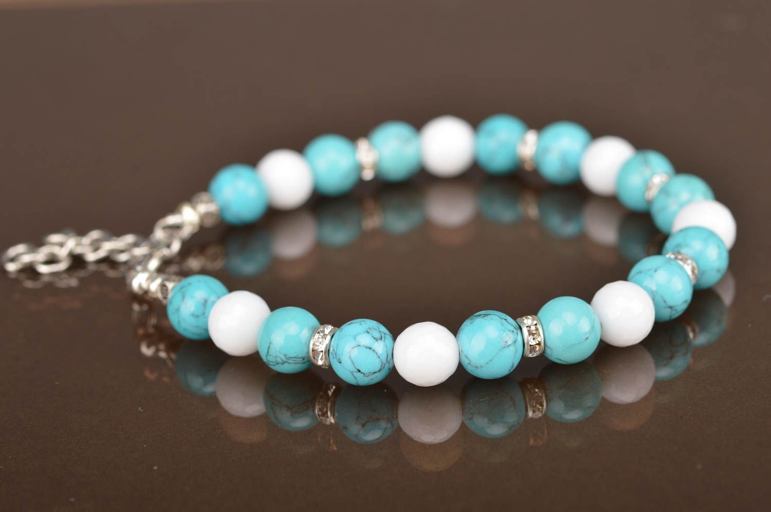 Women's handmade designer woven wrist bracelet with white and turquoise beads photo 5