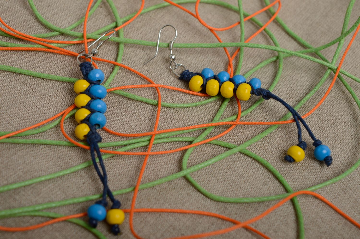 Macrame earrings with wooden beads photo 1
