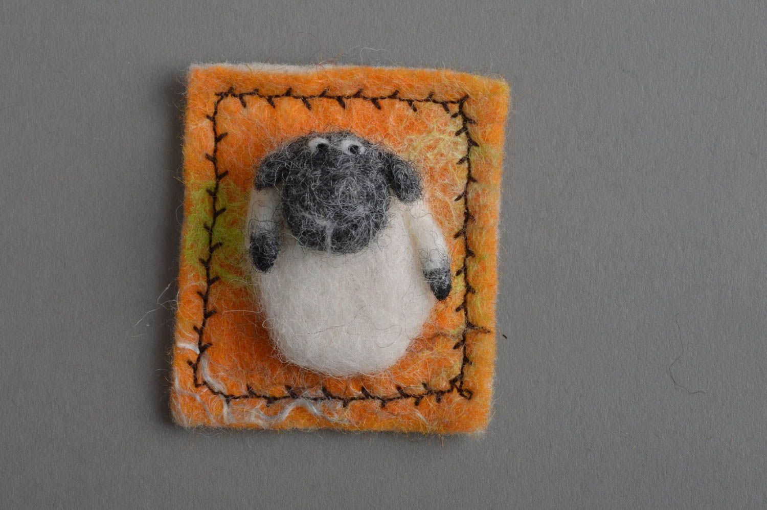 Handmade beautiful square fridge magnet made of wool in shape of sheep photo 3