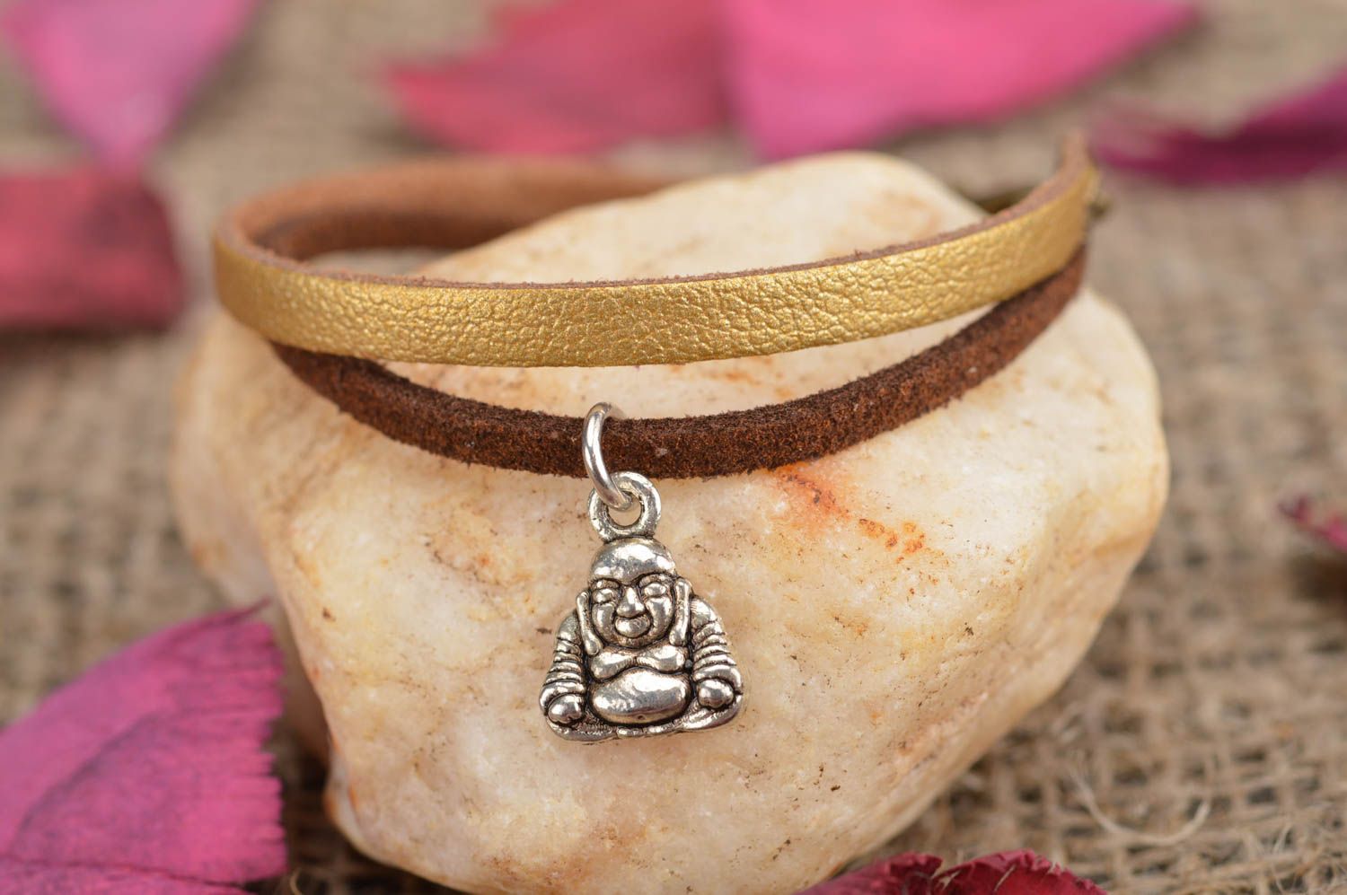 Genuine leather bracelet with charm handmade stylish accessory with Buddha photo 1