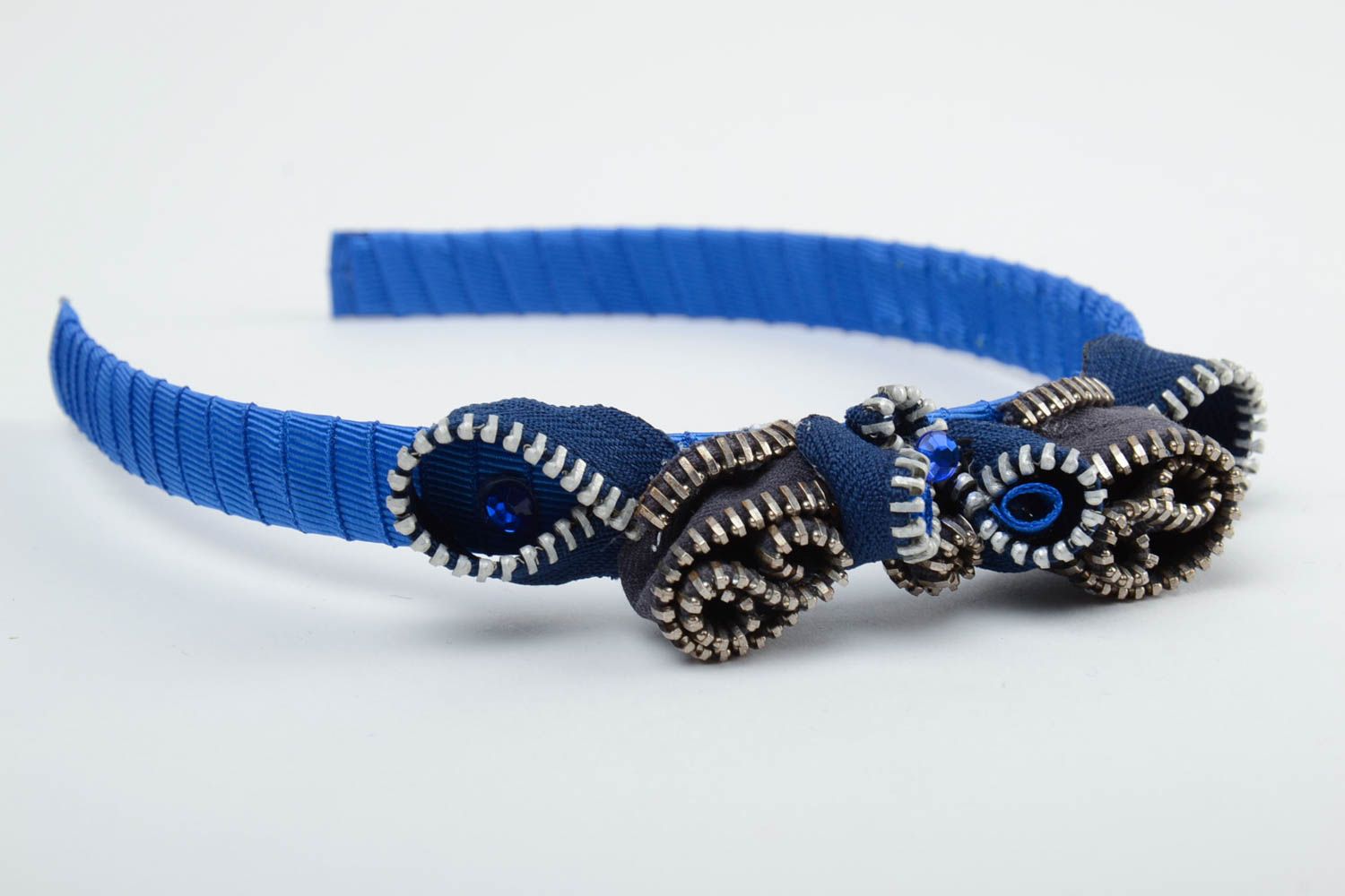 Beautiful handmade elegant hairband blue bow with zipper stylish trendy accessory photo 3