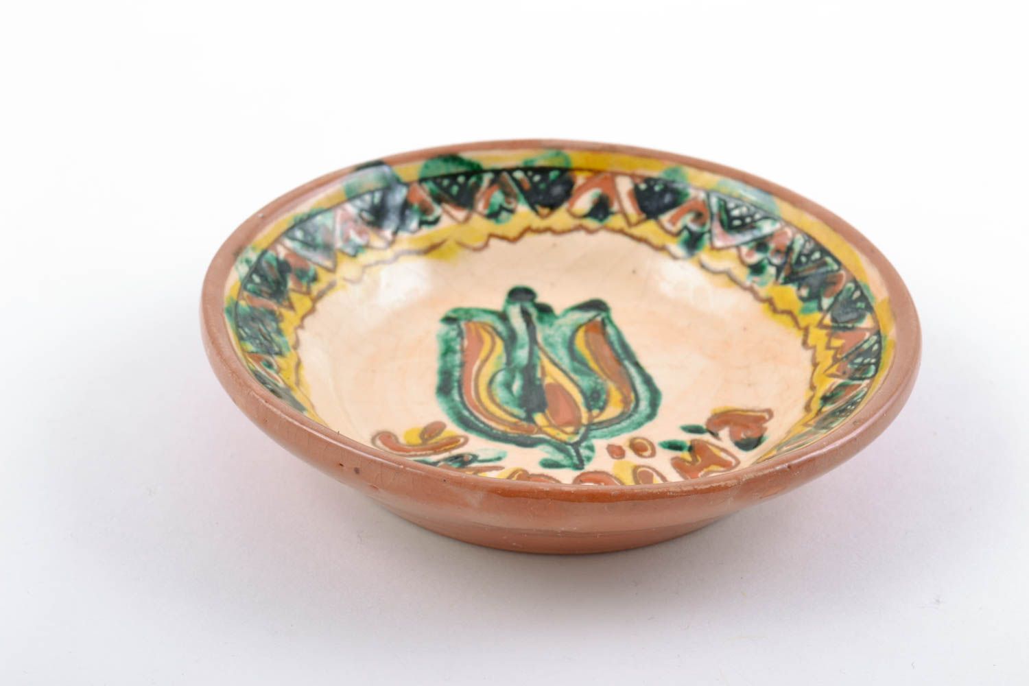 Декоративная тарелка расписанная глазурью из глины ручной работы красивая фото 4