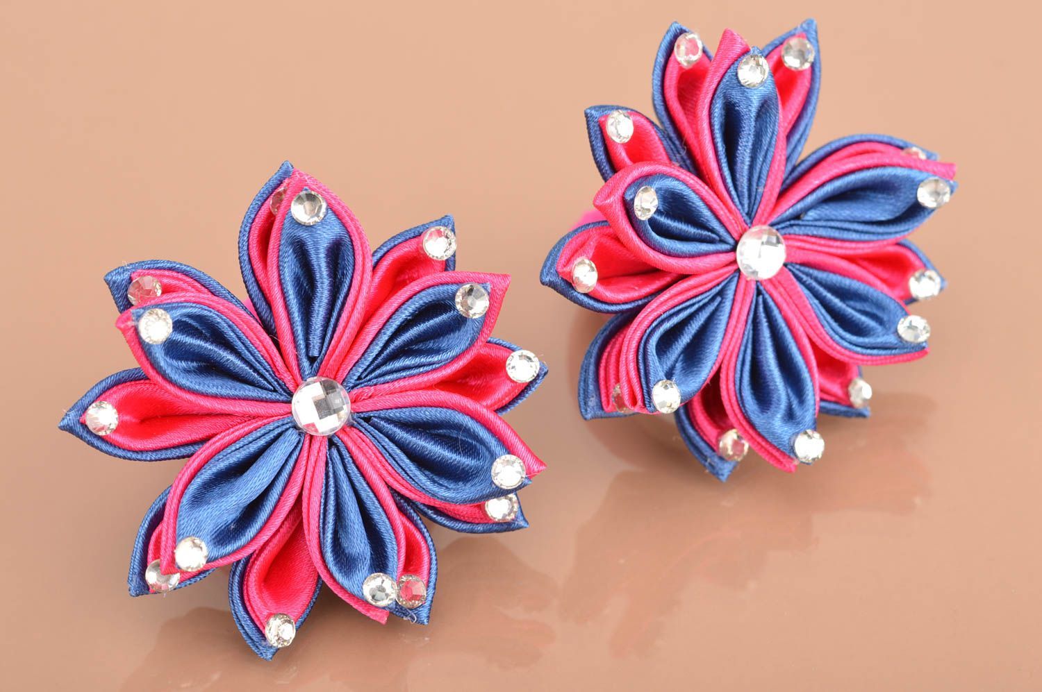 Ensemble d'élastiques à cheveux avec fleur rose bleu faits main 2 pièces photo 6