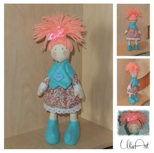 Homemade fabric doll with ponytail in stylish dress of average size photo 1