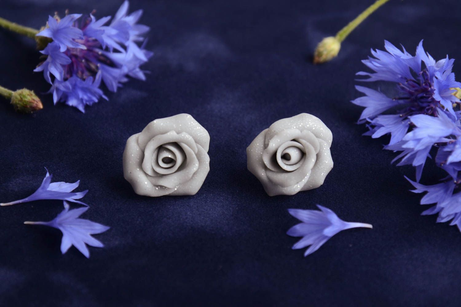 Beautiful stylish polymer clay stud earrings with lovely handmade grey flowers photo 1