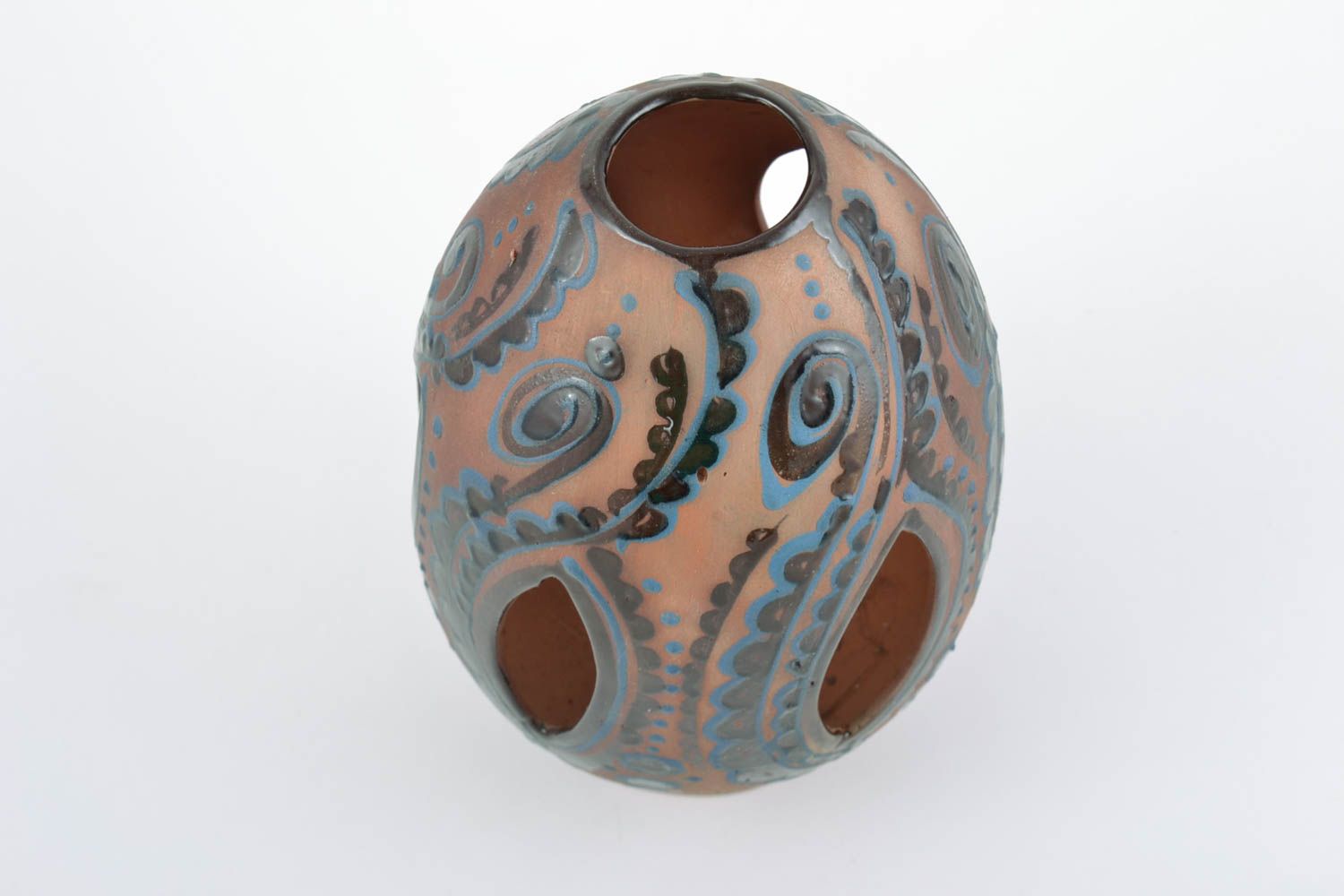 Декоративная ваза в виде яйца из глины ручной работы для сухоцветов коричневая расписная фото 2