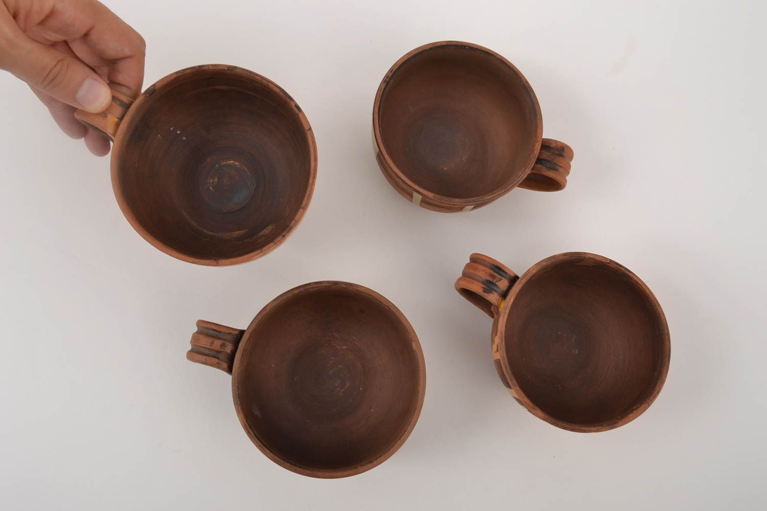 Set of 4 four not glazes natural clay coffee cups with handle  photo 4