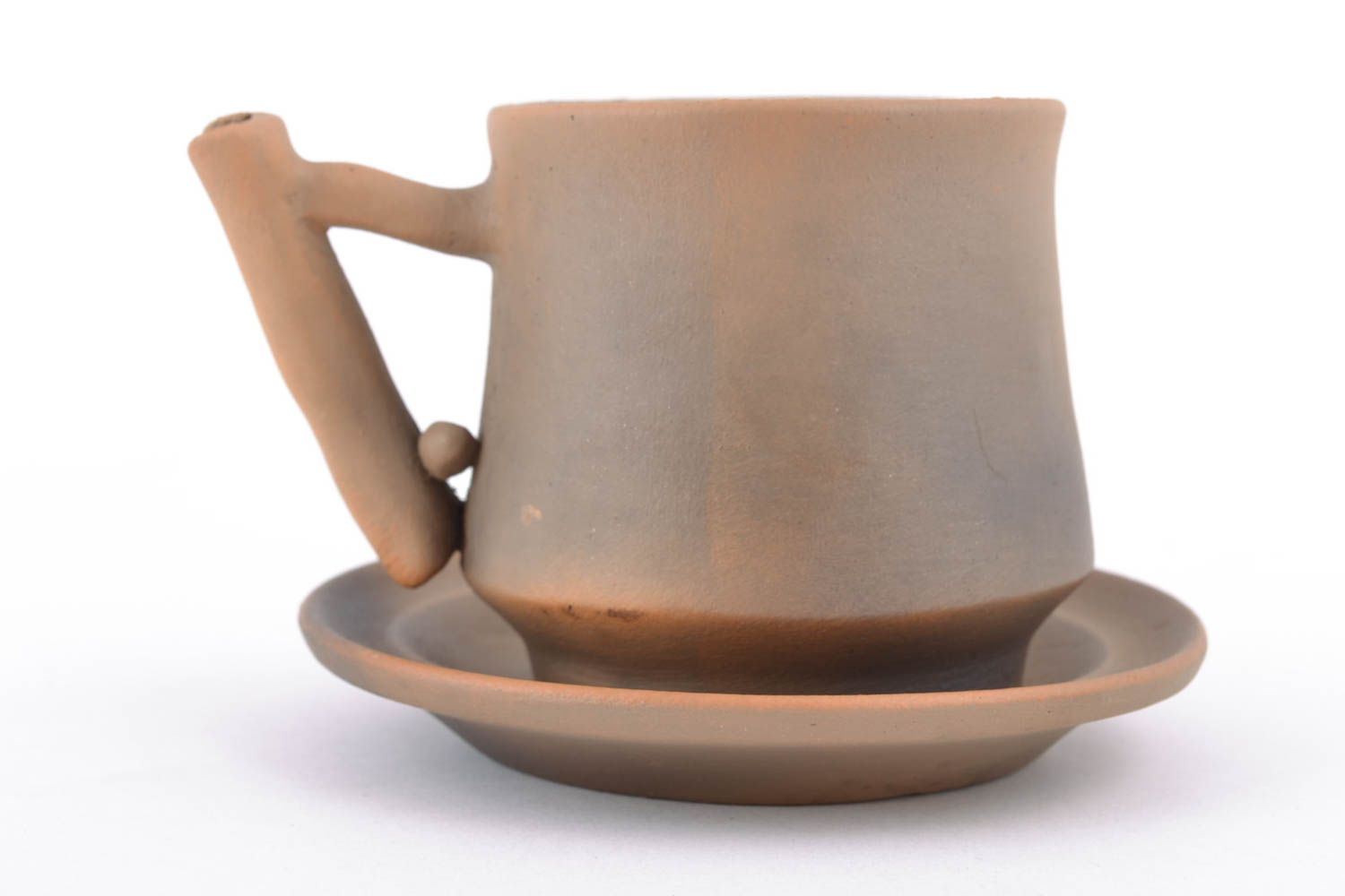 3 oz clay art hand-molded coffee cup with handle and saucer in brown color photo 3