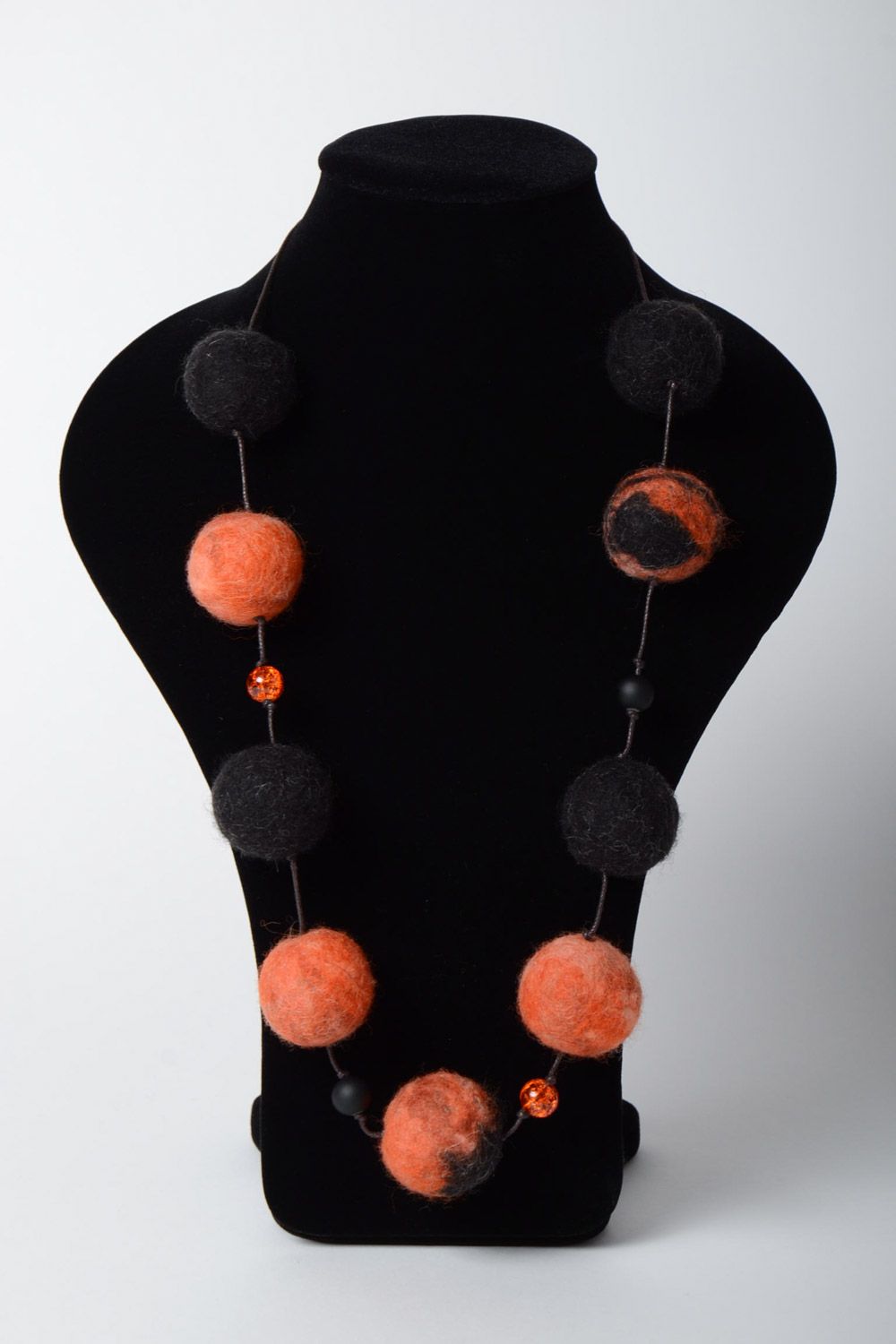 Orange and black handmade large felted wool ball necklace photo 5