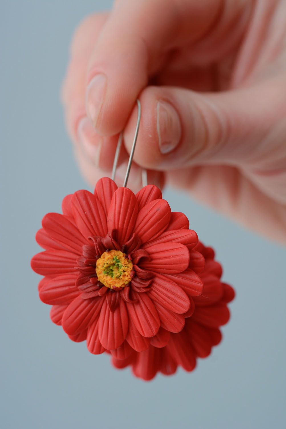 Polymer clay floral earrings Red Gerberas photo 3