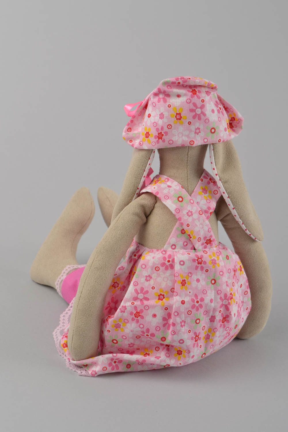 Handmade designer fabric soft toy rabbit in pink dress and hat for interior  photo 5