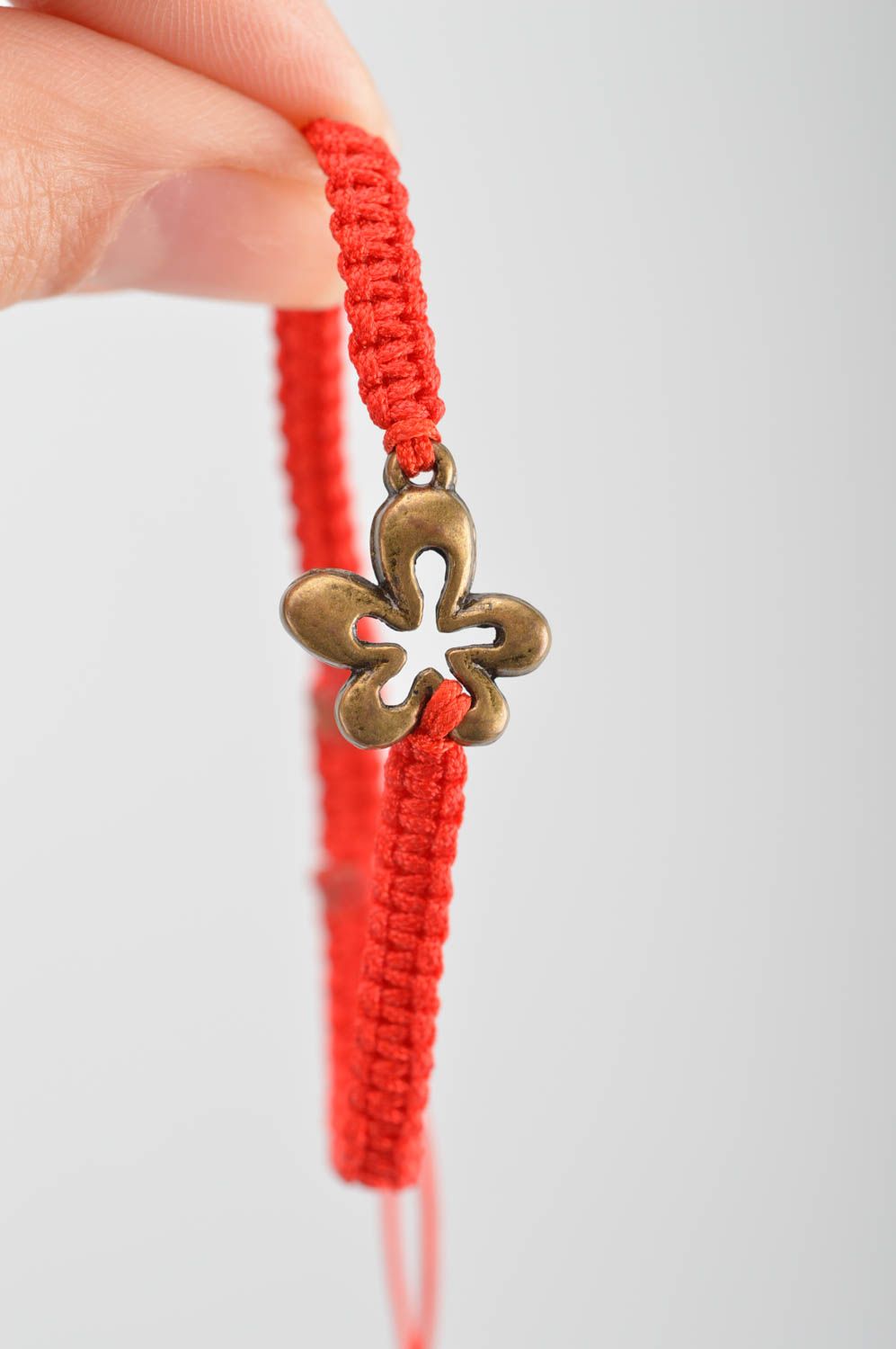 Beautiful red handmade designer woven silk bracelet with metal insert photo 3