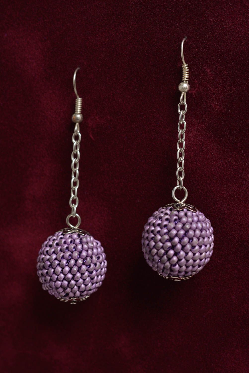 Handmade dangling earrings with bead woven violet balls and metal chains photo 1