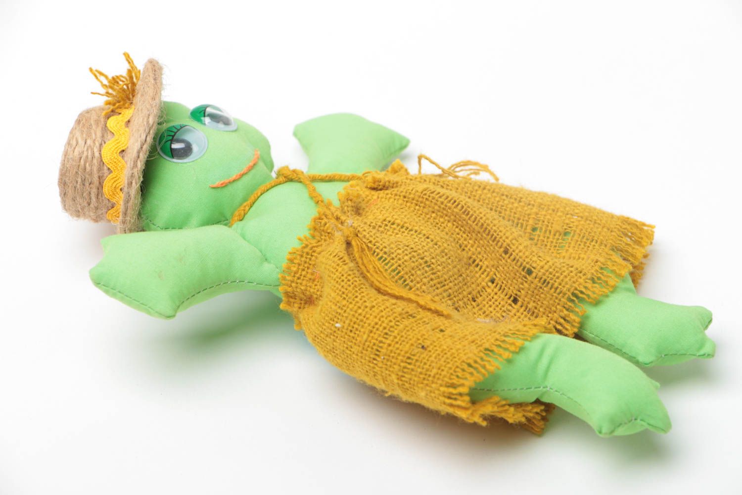 Beautiful handmade textile soft toy green frog in dress photo 2