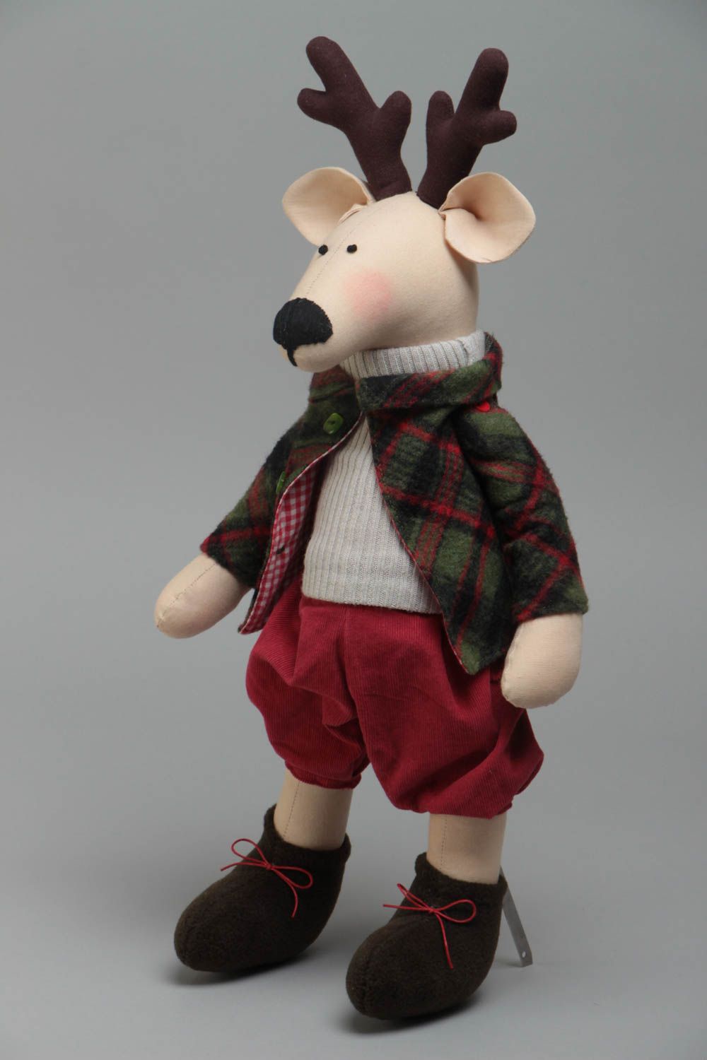 Handmade designer cotton and fleece fabric soft toy deer in checkered jacket photo 2