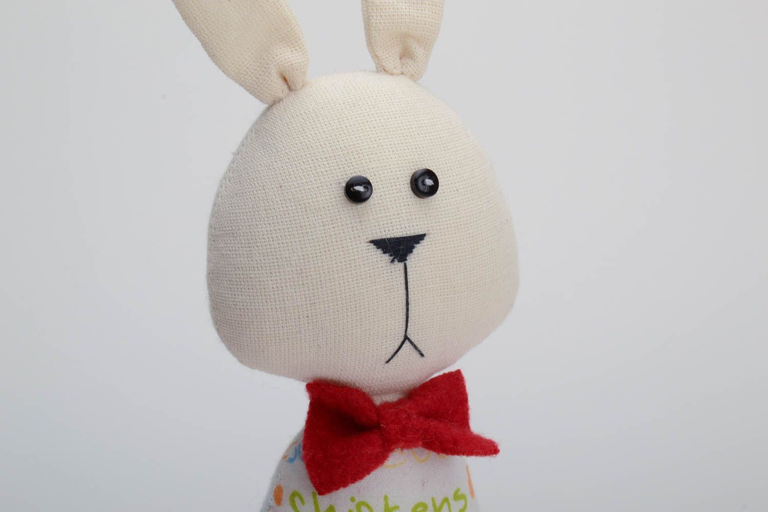 Handmade small cotton fabric soft toy rabbit in striped trousers with red bow tie photo 4