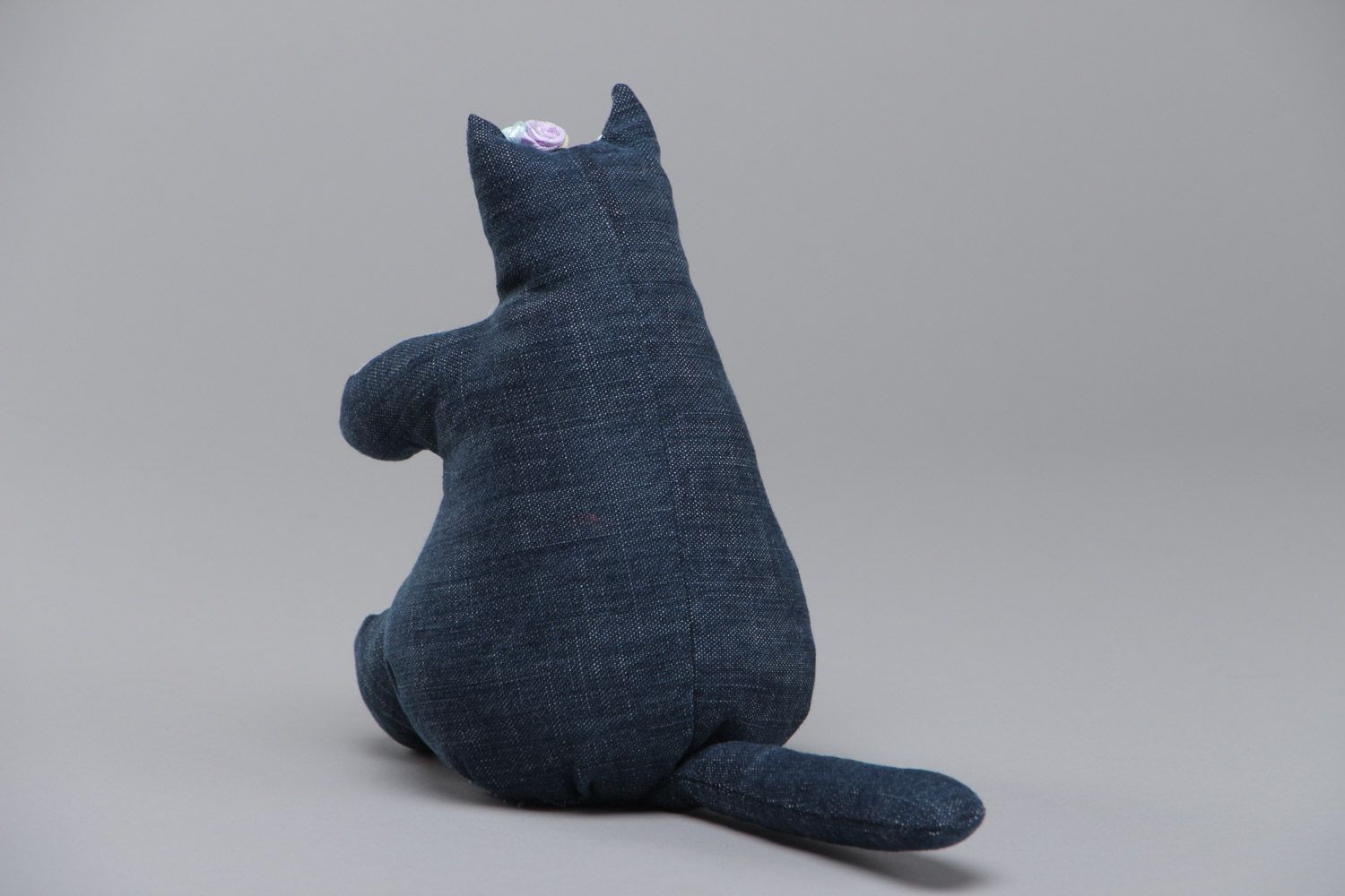Handmade denim fabric soft toy kitty of blue and white colors and average size photo 4