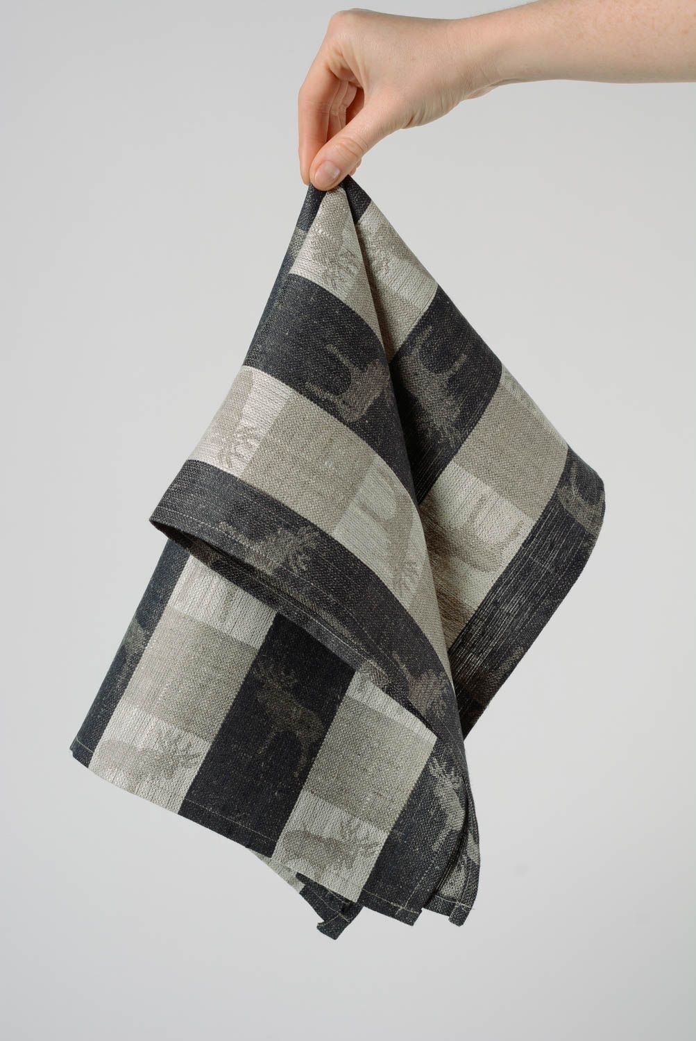 Handmade kitchen towel sewn of gray and black checkered linen fabric with elks photo 4