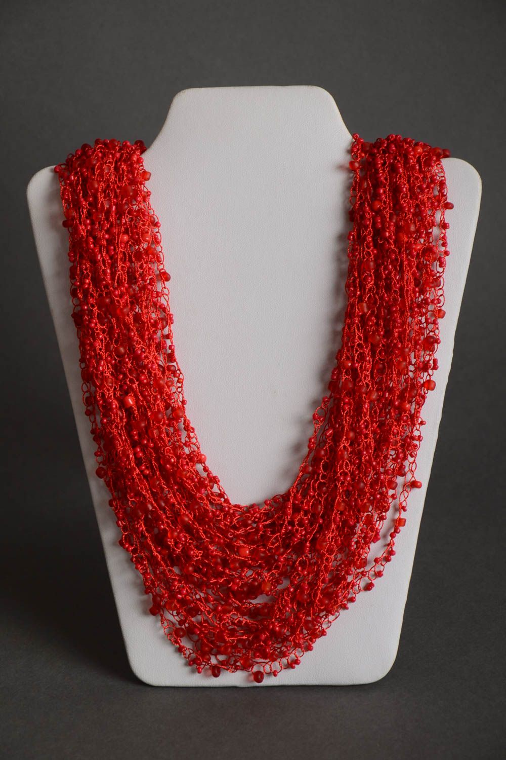 Handmade designer multi row volume airy bright red necklace crocheted of beads photo 2