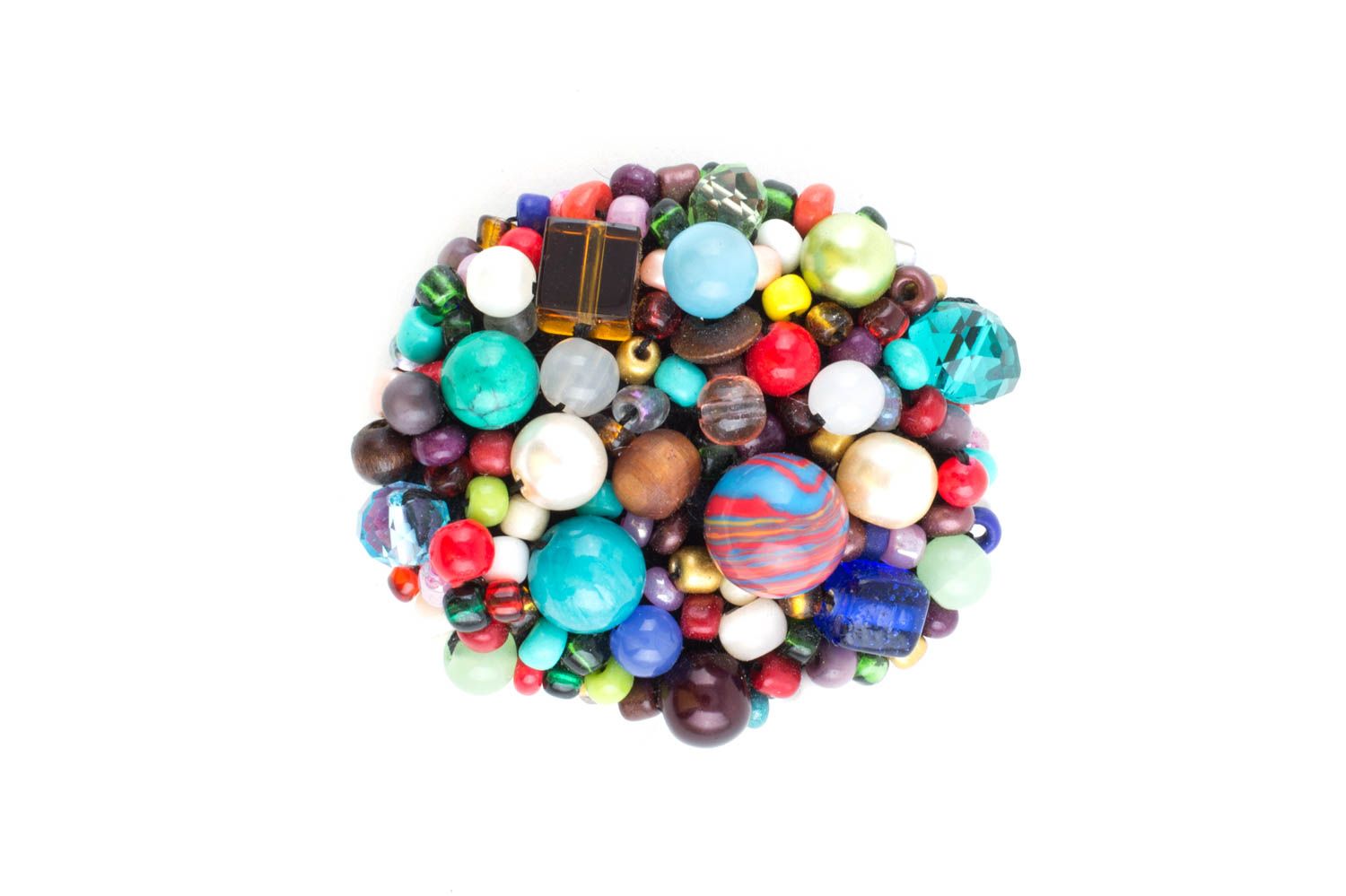 Handmade brooch with leather basis and colorful wooden stone crystal beads photo 2