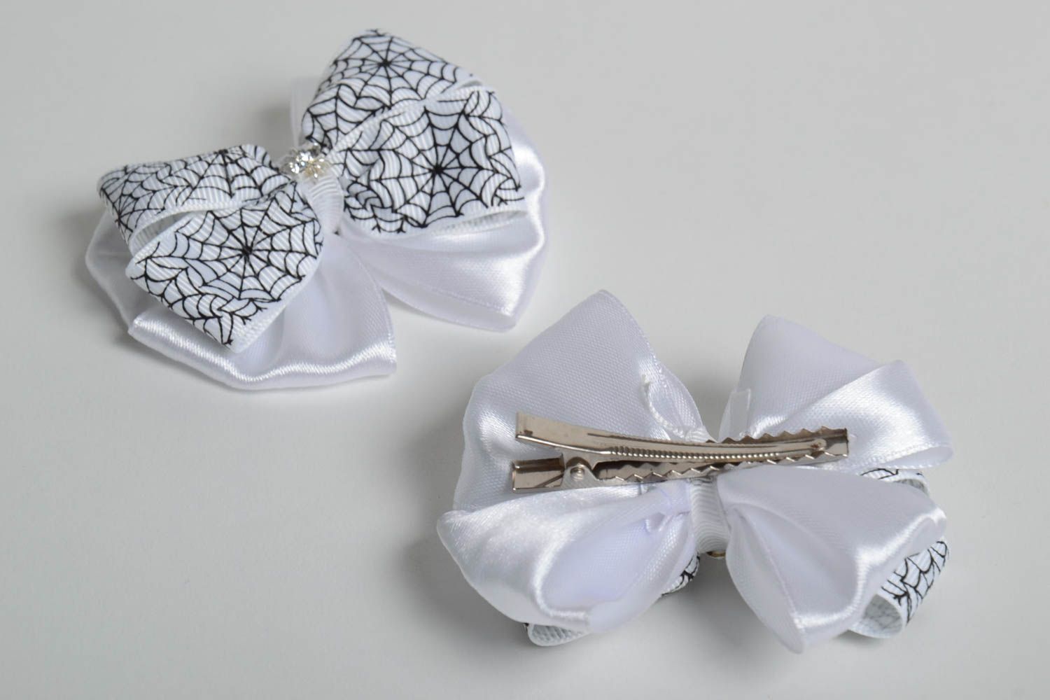 Set of 2 handmade satin ribbon bow hair clips designer barrettes hair bow photo 3