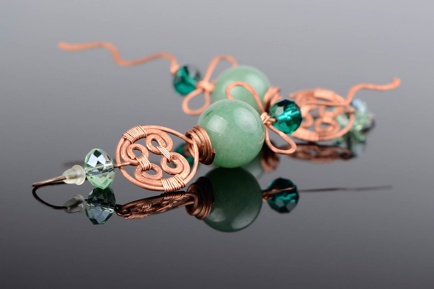 Copper earrings with greenstone and Czech crystal photo 1