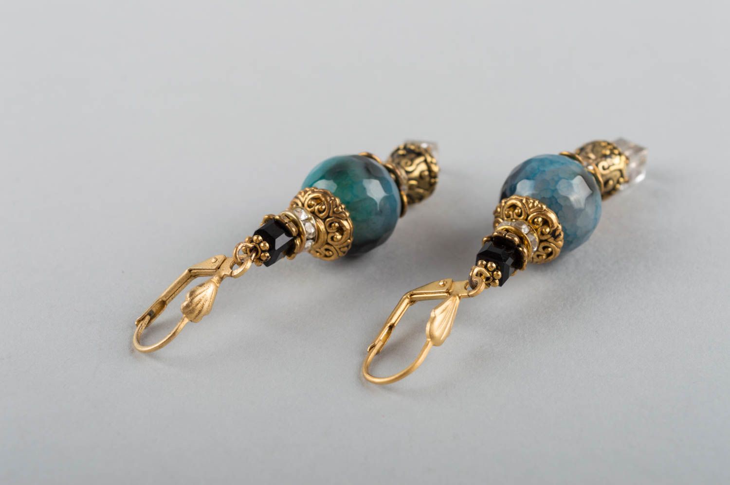 Handmade natural stones earrings brass earrings with agate and crystal photo 4