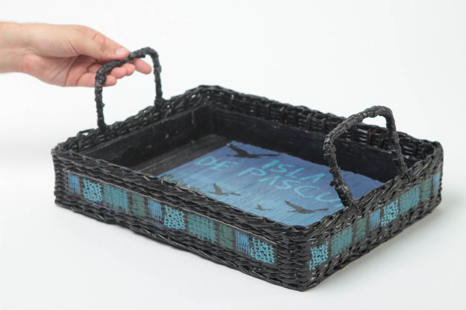 Handmade paper tubes tray wicker tray design interior accessories with painting photo 5