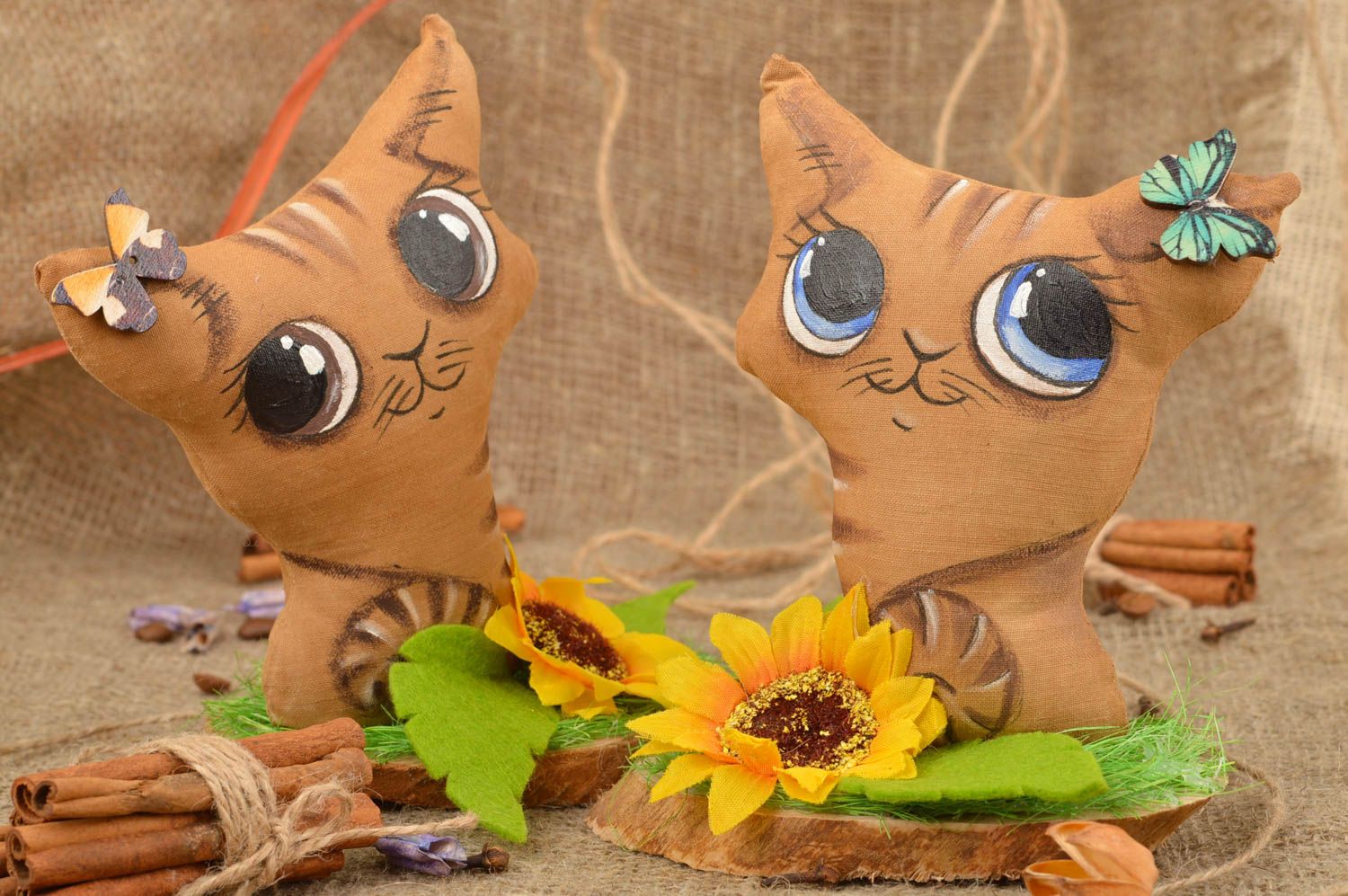 Set of 2 handmade flavored fabric soft toys Cats with blue and brown eyes photo 1