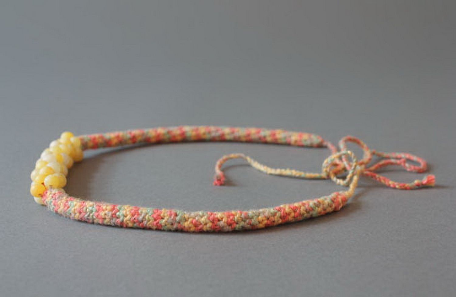 Necklace knitted from cotton with tinted chalcedony beads photo 8