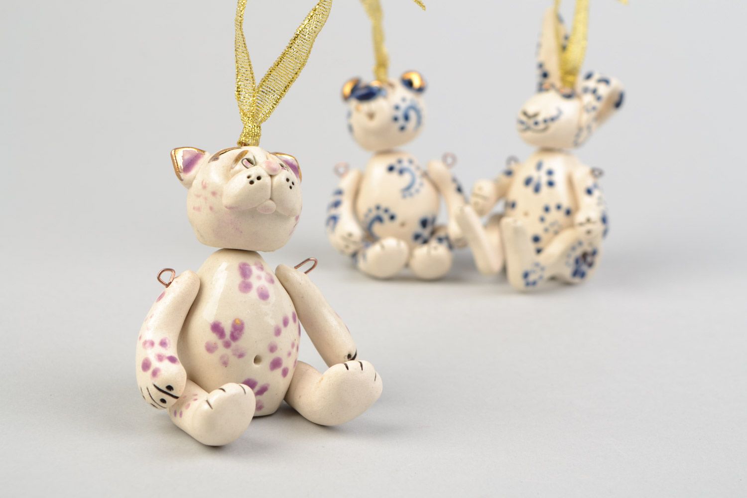 Set of 3 handmade ceramic wall hangings with ribbons bear rabbit and cat photo 3