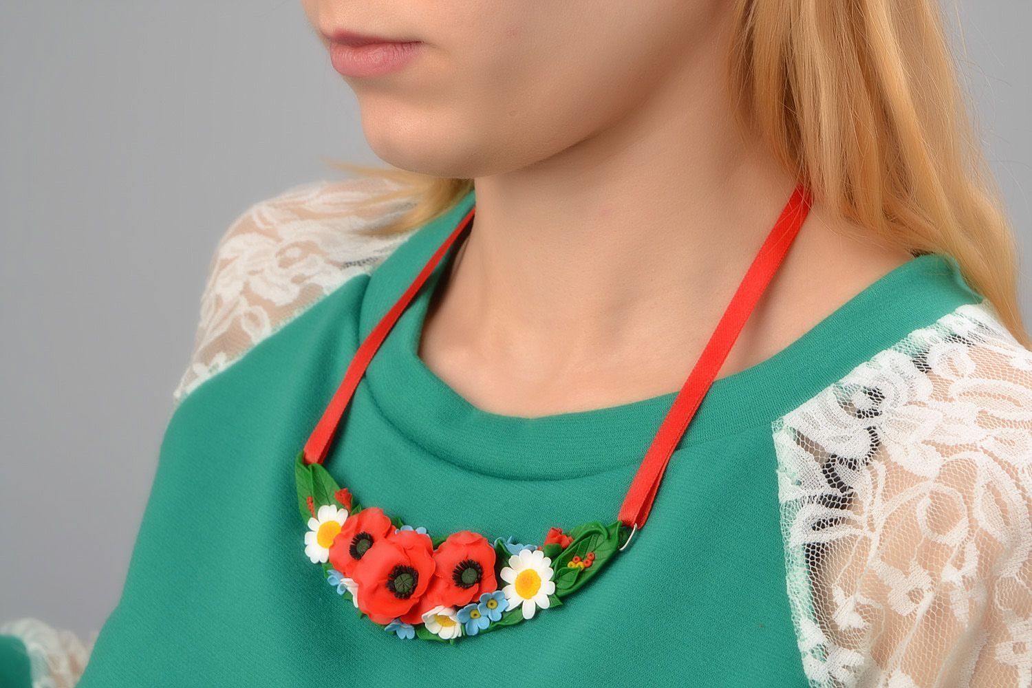 Festive handmade polymer clay colorful floral necklace on red satin ribbon photo 1