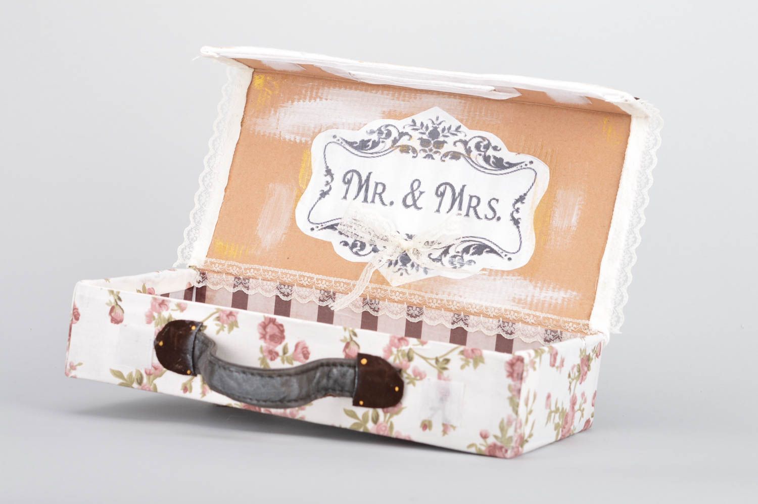 Dekorativer Koffer aus Pappe weiß mit Spitze handmade originell klein schön foto 5