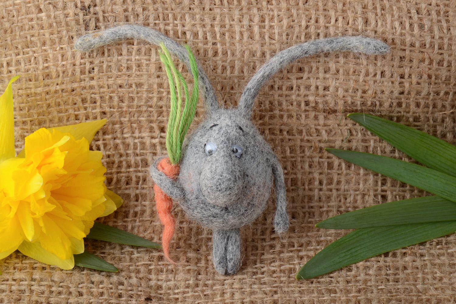 Handmade funny decorative fridge magnet felted of wool gray rabbit with carrot photo 1